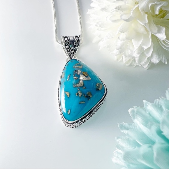 PERSIAN Turquoise Chunky Asymmetrical Gemstone Pendant Necklace Silver 925 New - Picture 7 of 11